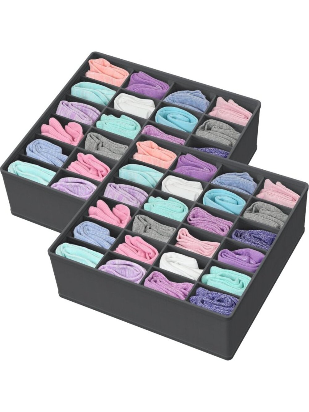 2 Pack Closet Sock Organizer - 24 Cell Storage Solution in Dark Gray